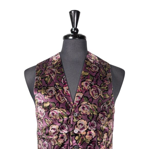 Mens 40R Velvet Vest Purple Green Floral Waistcoat Formal Wedding Party Groom - Picture 4 of 9